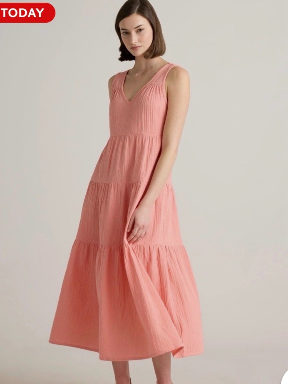 Quince organic cotton V-Neck Tiered Maxi Dress in Coral Pink